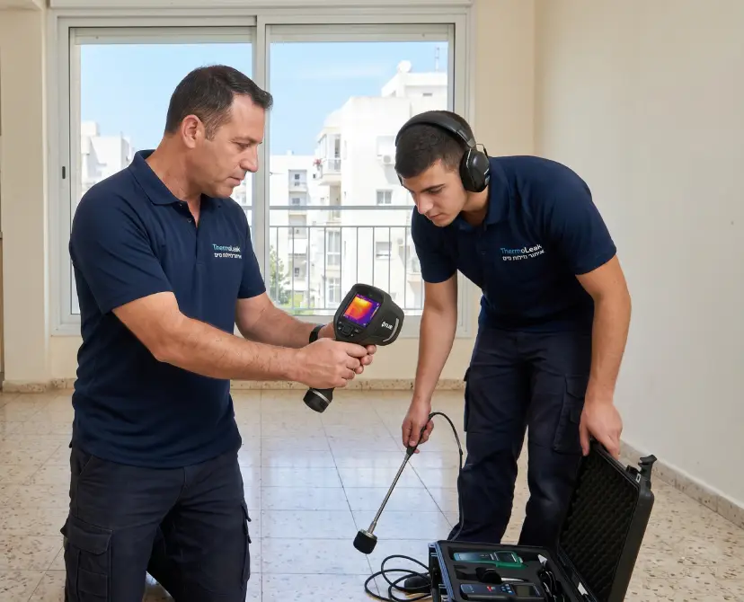 טכנאי טרמוליק מבצעים איתור נזילה בדירה בעזרת מצלמה תרמית וציוד אקוסטי